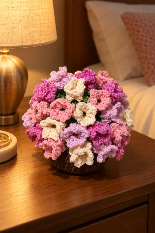 A crocheted dome of pink, cream and lilac flowers on a bedside table