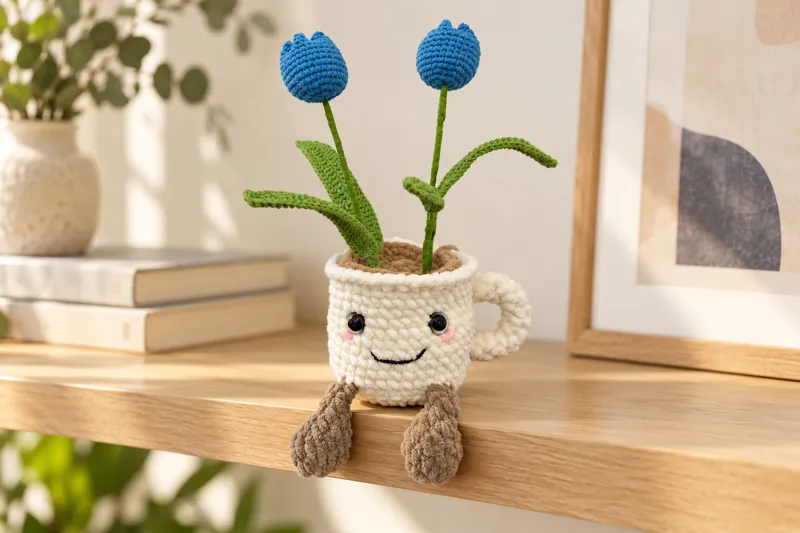 A crocheted tulip mug sitting on a shelf in front of a framed print