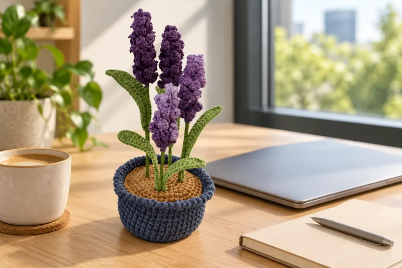 A crocheted lavender pot on an office desk beside a laptop and a coffee