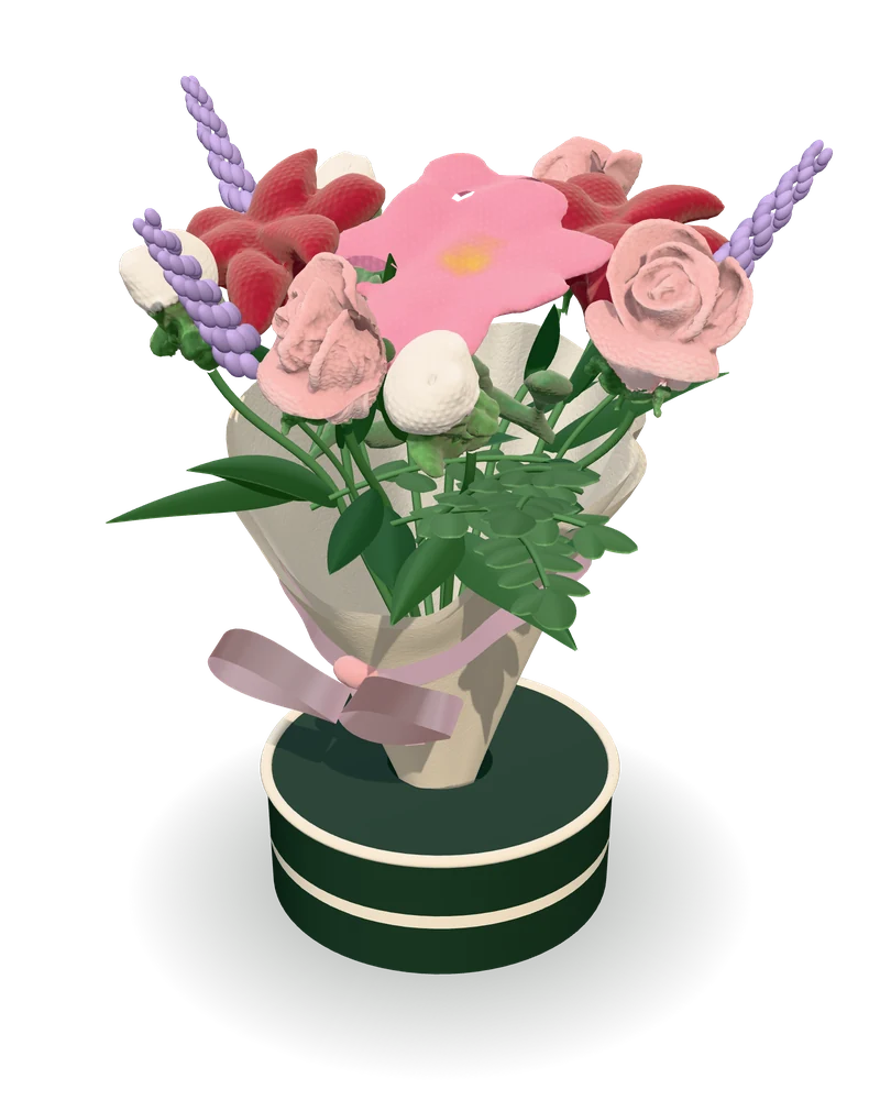 The Grand Mix: Twelve stems, a statement bloom at the centre, in a gift box, shown in 3D