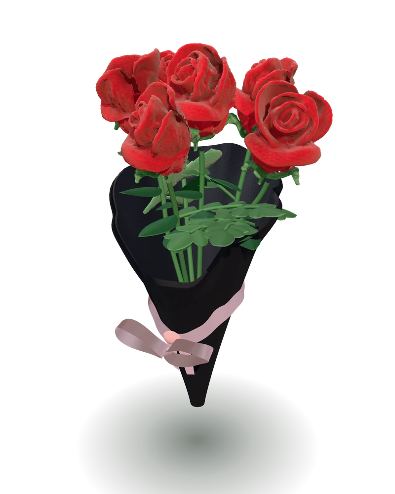 Red Romance: Six red roses in a black wrap, shown in 3D