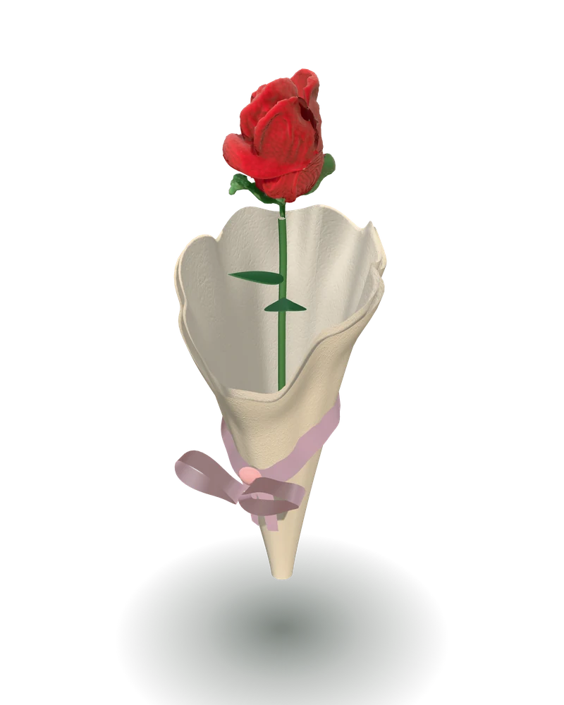 The Single Rose: One red rose, wrapped to hand over, shown in 3D
