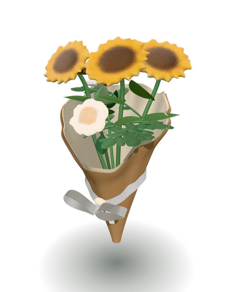 Sunflower Trio: Three sunflowers and two white daisies, shown in 3D